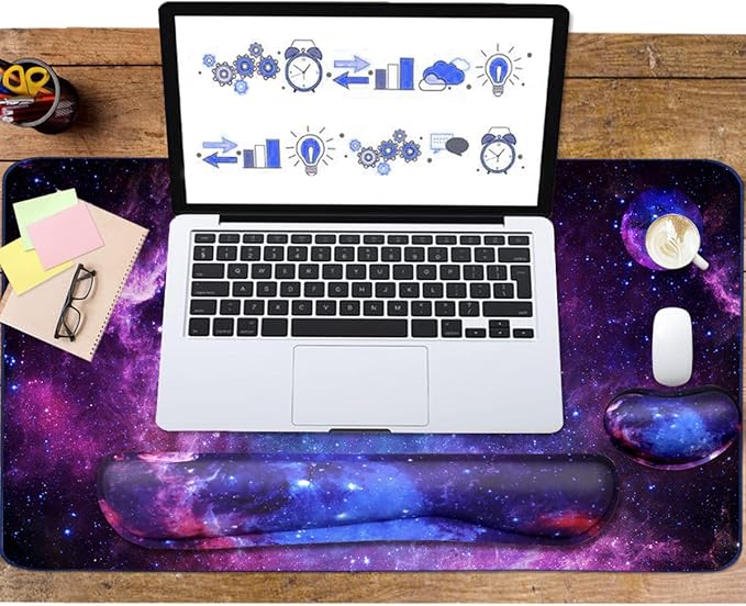 Keyboard Mouse Pad Set, Extended Mouse Pad+Keyboard Wrist Rest Support, Memory Foam Ergonomic, 3Pcs (35.4×15.7 in) Desk Pad Set for Home Office Study Game - Galactic