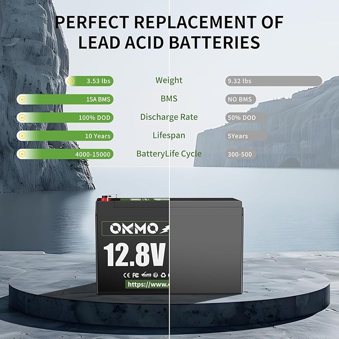 12V 15Ah Lithium Battery, Rechargeable LiFePO4 4000+ Cycles Rechargeable Battery Built-in 12A BMS for Scooter, Power Wheels, Fish Finder, UPS, Lighting and More