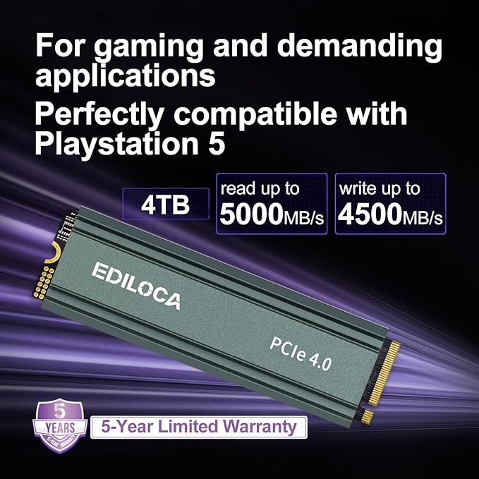 4TB M2 NVME SSD with Heatsink - PCIe Gen4.0 NVMe M.2 2280 3D NAND QLC, 5000MB/s Read, Internal Solid State Drive for PS5/PC, Dynamic SLC Cache, PS5 Storage Expansion, 5-Year Warranty(EN760)