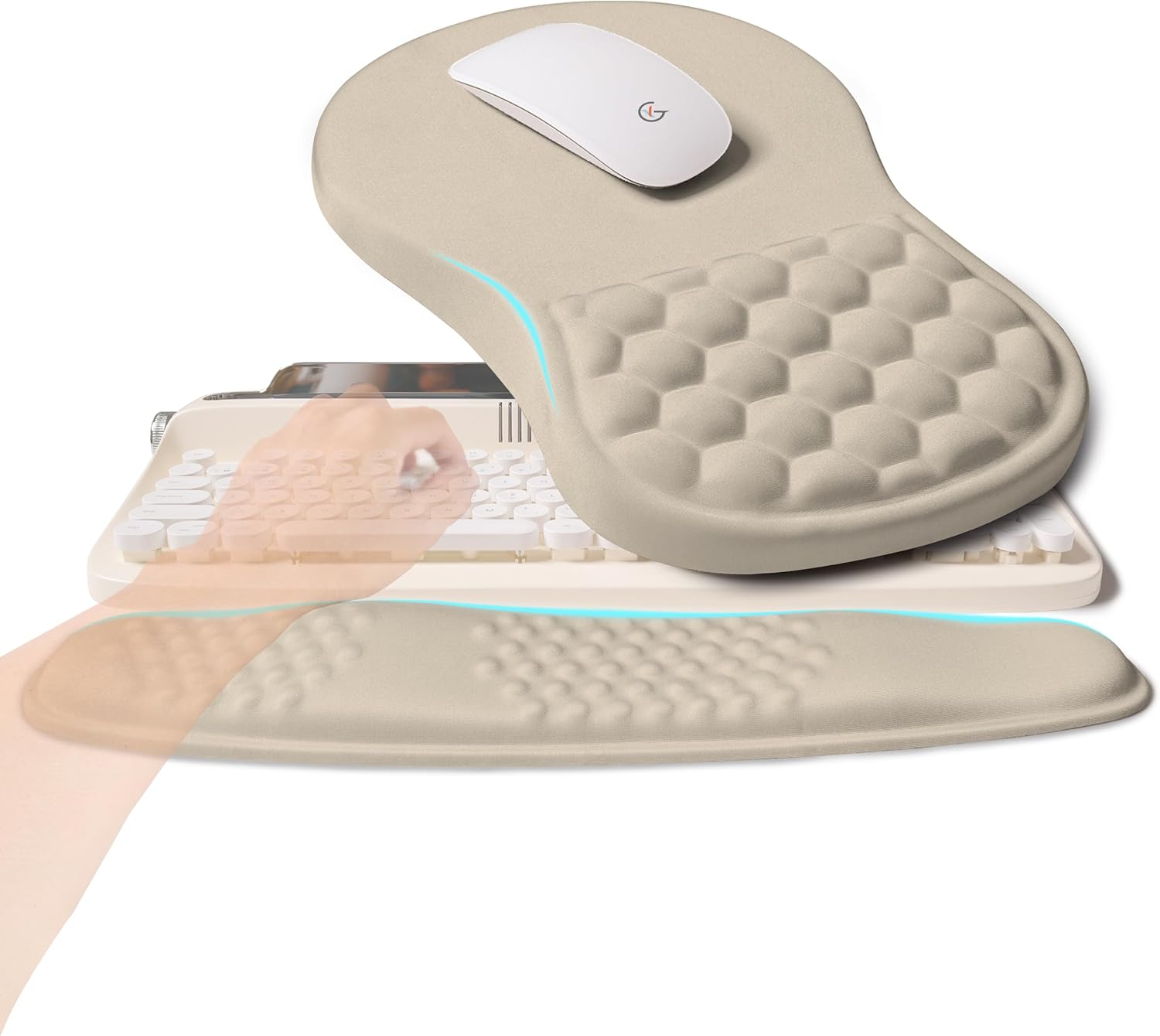 2-in-1 Ergonomic Set, Wave Rise Keyboard Wrist Rest and Massage Bulge Slope Mouse Pad Wrist Support, Cushion Memory Foam Integrated to Relieve Wrist Pain, Apricot