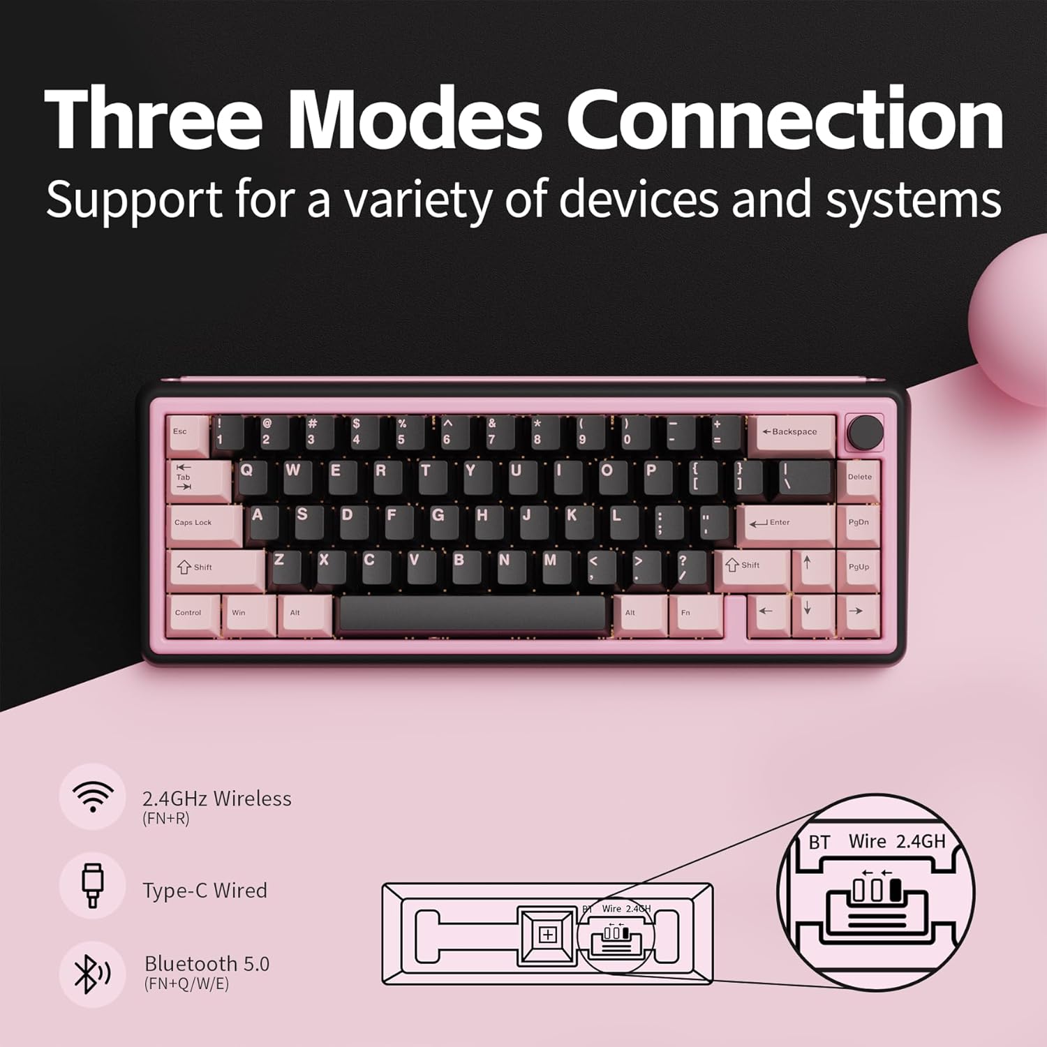 Chilkey Foxy65 Mechanical Keyboard with Knob, Gasket Mount 65% Aluminum Wireless Mechanical Keyboard, BT5.0/2.4GHz/USB-C, Hot Swappable, RGB Backlit Computer Custom Key Board for PC