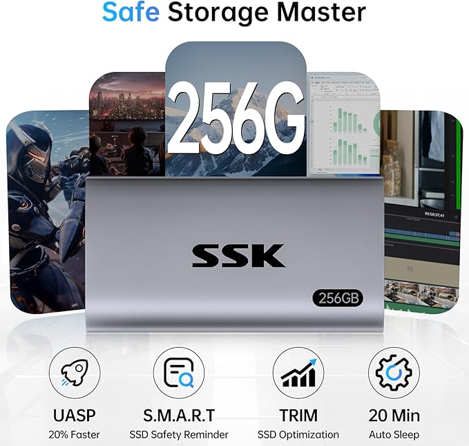 SSK 256GB SSD External Hard Drive, Portable SSD Up to 550MB/s Fast Solid State Drives, External Drive USB 3.2 Gen2 for iPhone 15/Pro, Windows, Mac, Android with LED Light, Trim, Smart Supported