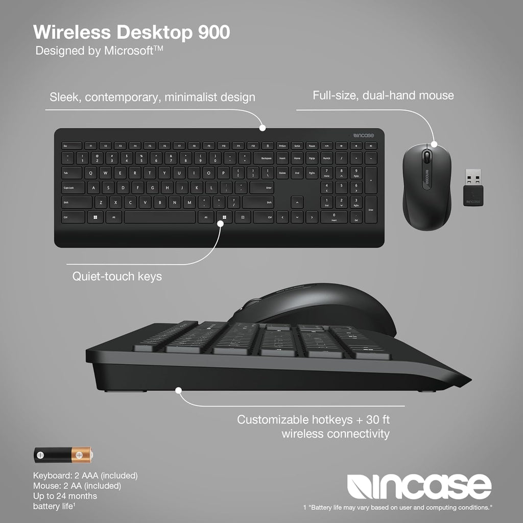Incase Wireless Desktop 900 Keyboard and Mouse Combo - Designed by Microsoft – Quiet Touch Keys, Ambidextrous Design, Customizable Hotkeys, Two Year Battery Life – Black