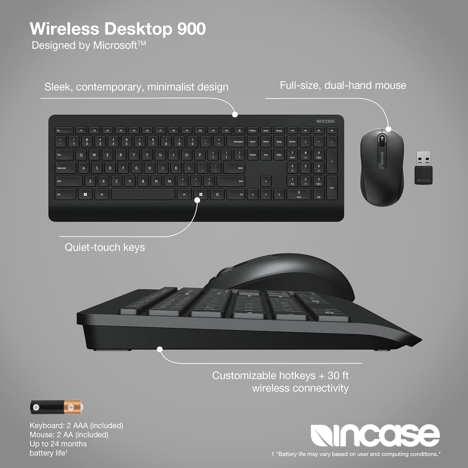 Incase Wireless Desktop 900 Keyboard and Mouse Combo - Designed by Microsoft – Quiet Touch Keys, Ambidextrous Design, Customizable Hotkeys, Two Year Battery Life – Black