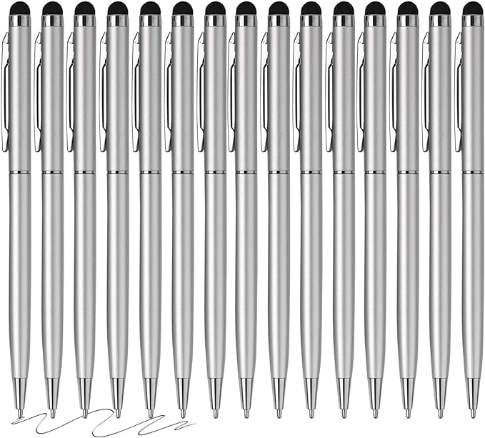 15 Pack Stylus Pens for Touch Screens Stylus Pen Compatible with Phone Tablets Kindle and Black Ink Ballpoint Pens-2 in 1 Stylists pens for Touch Screens (Silver)