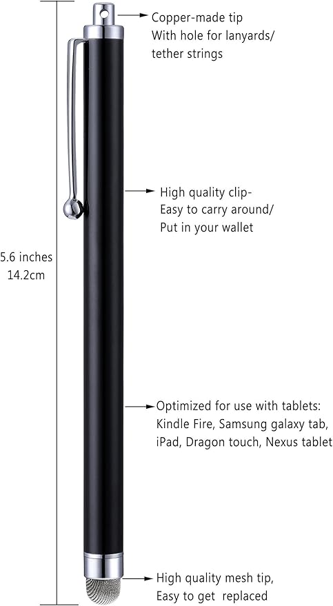Stylus Pens, CCIVV 4 Pcs 5.6 Inches Mesh Tip Stylus for Touch Screens, iPad, iPhone, Kindle Fire, 4 Extra Replaceable Hybrid Fiber Tips (White, Black, Silver, Blue)