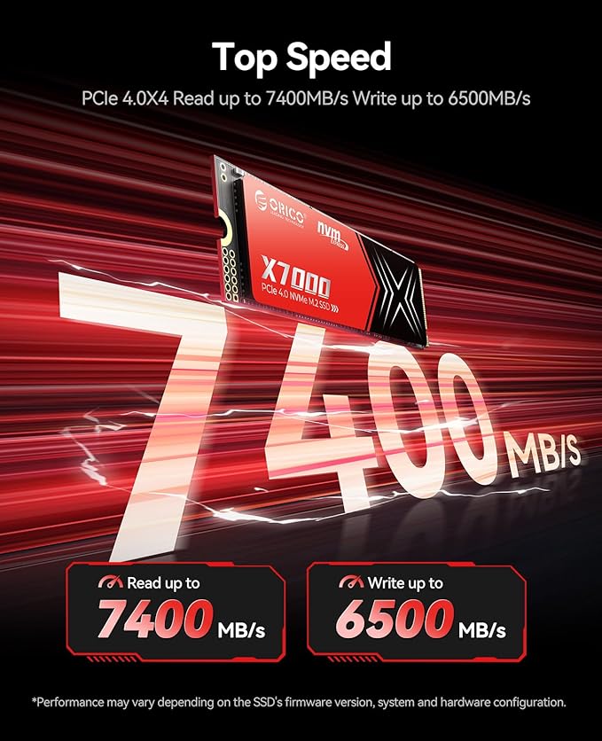ORICO X7000 2TB NVMe SSD for Gaming, 7400MB/s Read Speed, 17μs Response Time, PCIe Gen 4 Internal Drive, PS5 & PC Compatibility, Comes with Heatsink for Enhanced Cooling and Multitasking