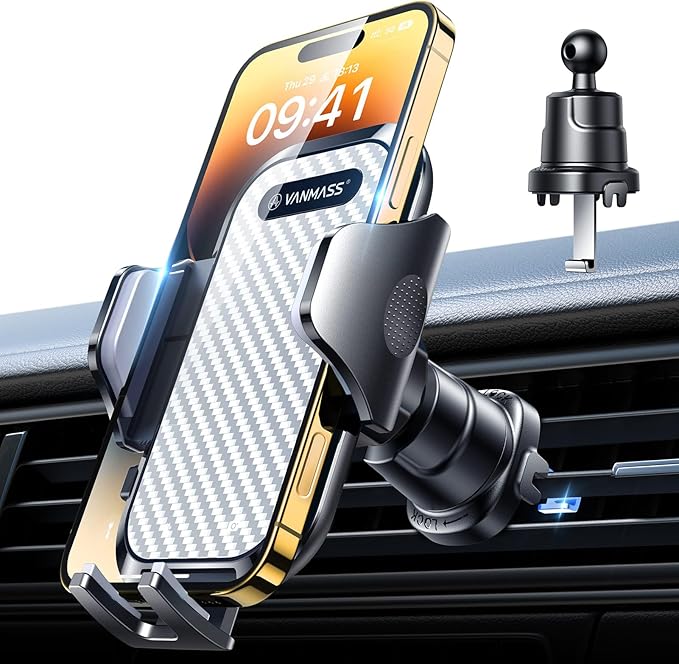 VANMASS Car Phone Holder Mount 2025 Upgraded [Patent Steel-Hook] Car Vent Phone Mount Clip Military-Grade Shockproof Cell Phone Car Mount Handsfree Truck Stand Vent Cradle for iPhone Android,Silvery