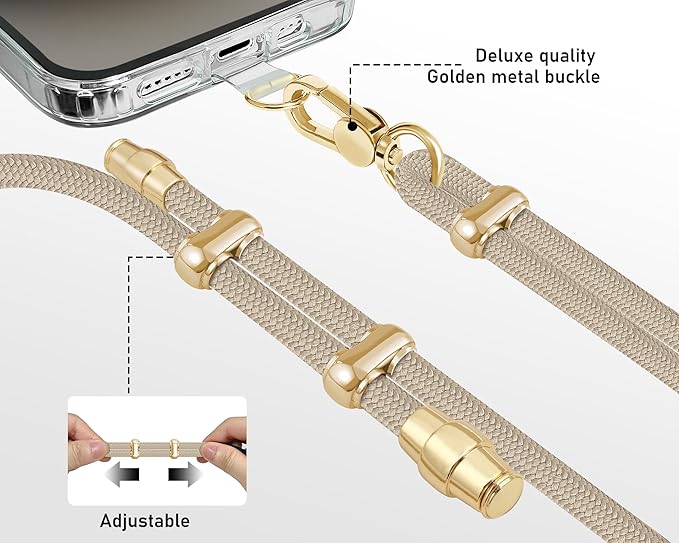 Cell Phone Lanyard Adjustable Crossbody Phone Lanyard *1 Phone Wrist Strap *1 with Deluxe Gold Matal Buckle + Clear Tether Tabs *2 for Shopping Travelling Hiking(KHAKI)