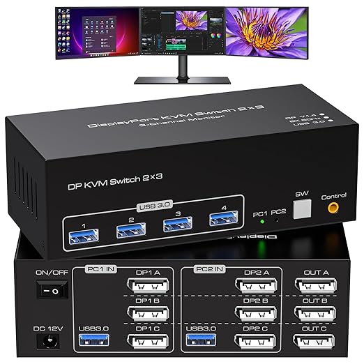 8K Displayport KVM Switch 3 Monitors 2 Computers 4K 120Hz DP KVM Switches Triple Monitor for 2 PC Share 4 USB 3.0 Ports Support Extended & Copy Display Mode Wired Controller and 12V Adapter