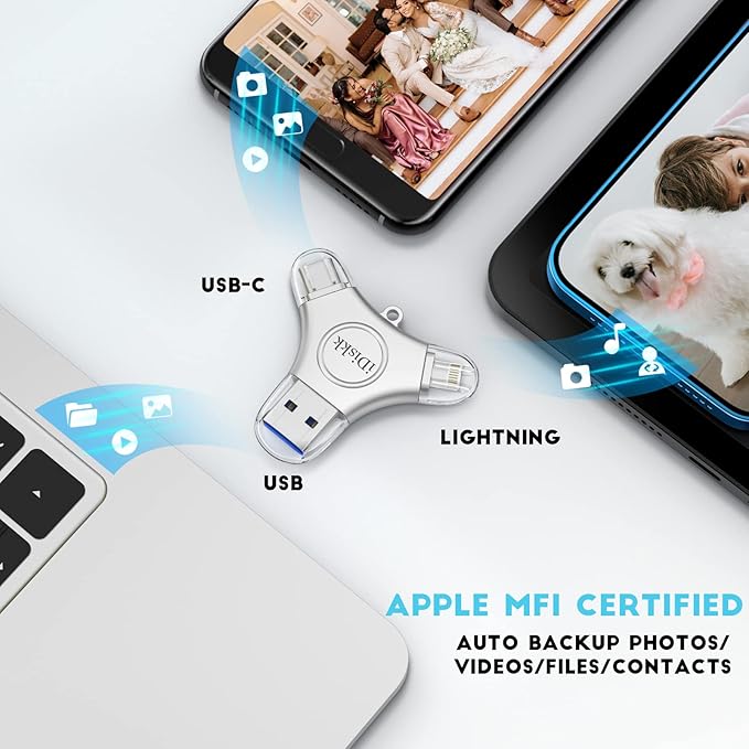 iDiskk 512GB App-le MFI Certified Photo Vault for iPhone USB Storage FlashDrive for USB-C iPad Android Samsung for iPhone 16/15/14/13/13 pro/12/12 pro/11 Pro/XR/X,Photo Stick for Computer MacBook