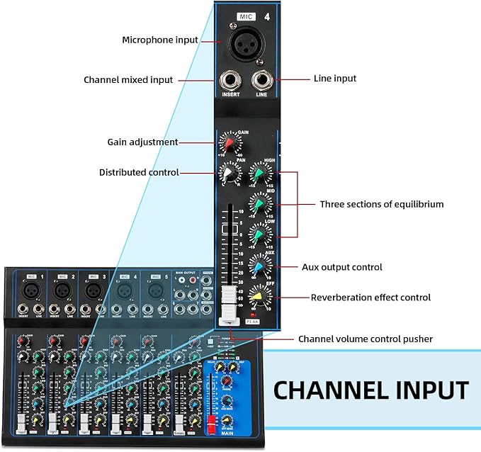 Depusheng HT7 Bluetooth Portable Audio Mixer w/USB DJ Sound Mixing Console MP3 Jack 48V Power for Computer Recording, 7-Channel Bands Mixing Boards For Studio Recording