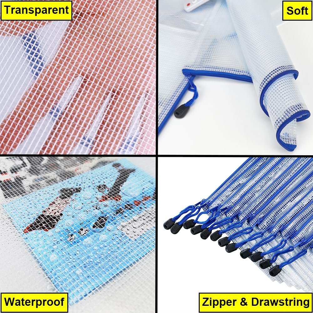 AUSTARK 20 Pcs Zipper File Bags, Plastic Mesh Pouch, Board Game Storage Bag, Waterproof Bags for Office School (A5 Size 9.2''x6.7'', White and Blue)