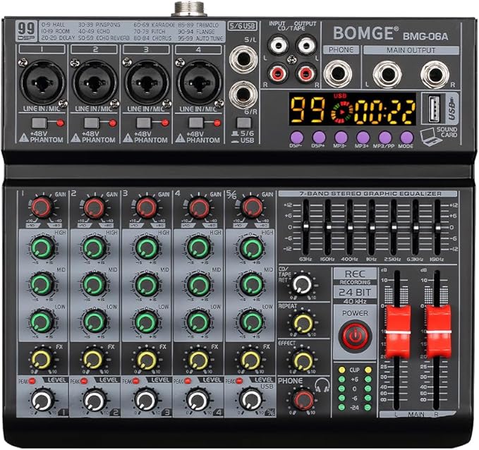 BOMGE 06A Professional 6 Channel DJ Audio Mixer, DJ Controller Sound Mixer with 99 DSP Effects,7-band EQ Independent 48V Bluetooth USB Interface Recording for Studio Stage Party Home Recording
