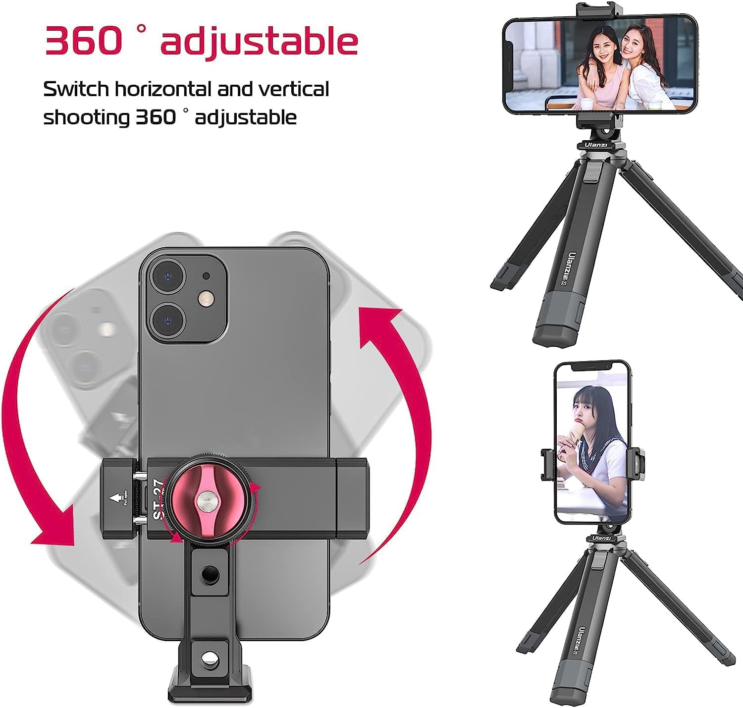 Metal Phone Tripod Mount 3 Cold Shoes & Arca Port, 360° Smartphone Tripod Adapter for iPhone Samsung Cell Phone Stand Holder for Desktop Video Live Streaming Vlogging Rig
