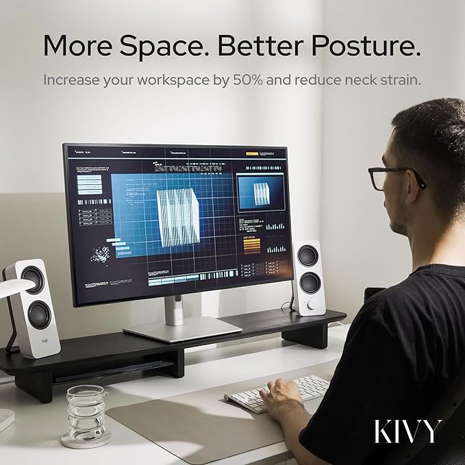 KIVY Dual Monitor Riser With Integrated Metal Shelf [MADE BY HAND] - Wooden Desk Shelf for 2 Monitors - Wide Long Stand for Desk (44 x10x3in - Oak)
