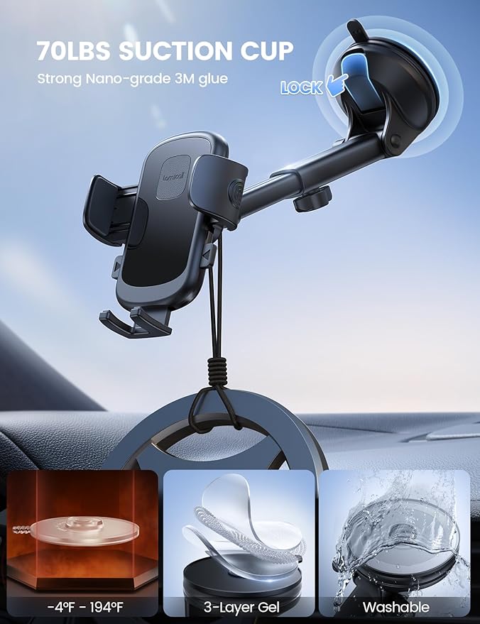 Lamicall Car Phone Holder Mount [3-in-1 Military-Grade Suction Cup] 360° Rotation Phone Holders for Your Car [Metal Hook] Cell Phone Car Mount Dashboard Vent Windshield Smartphone LeatherGrain