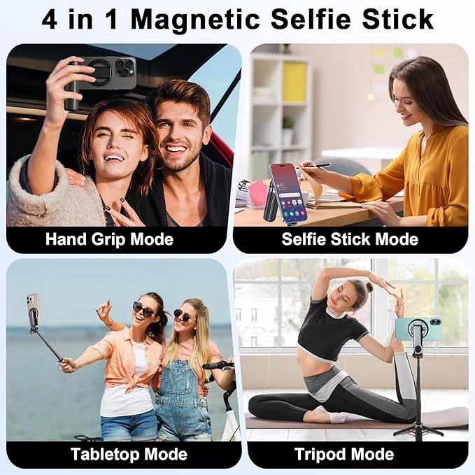 Magnetic Selfie Stick with Remote, 360° Rotation Phone Tripod, 4-in-1 Multifunctional Magnetic Phone Selfie Stick, Mini Portable Extendable Mag Tripod for Cell Phone Video Recording Trave