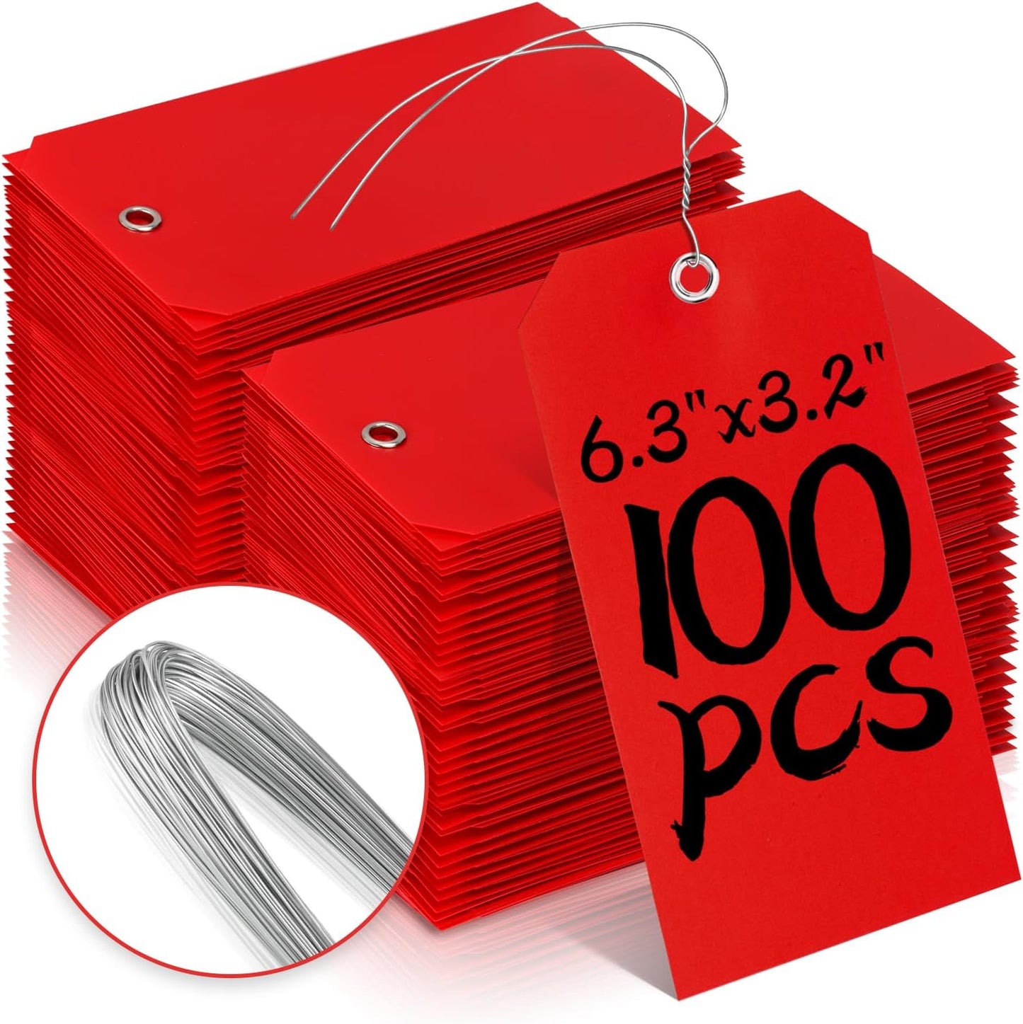 100 Plastic Shipping Tags - Red, 6 1/4" x 3 1/8", Waterproof, Durable, Reinforcement Hole, Stacking Labels for Equipment Parts