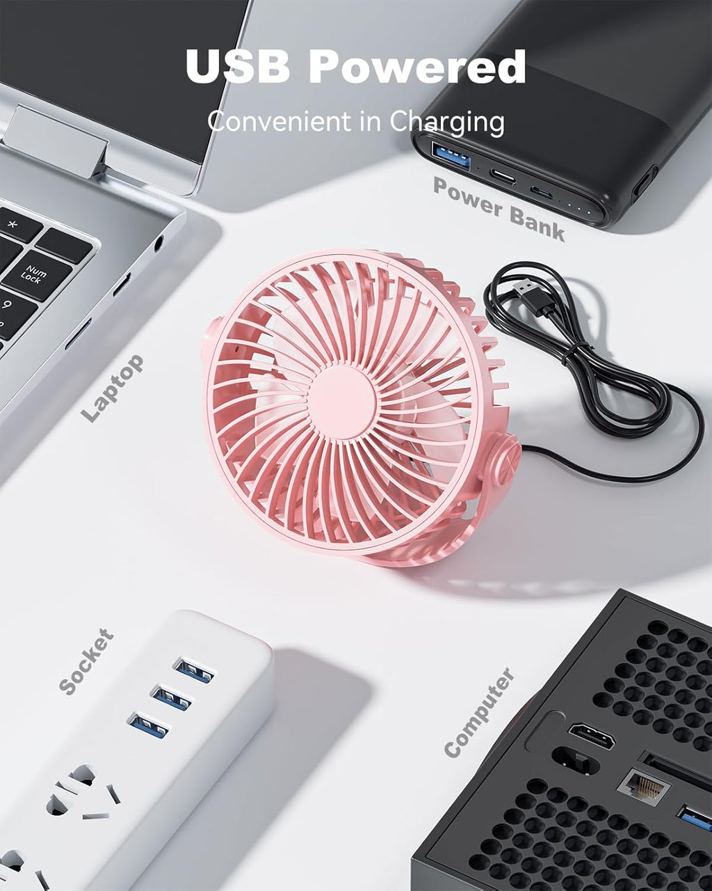 USB Desk Fan, 5 Inch Mini Portable, 3 Speeds Strong Airflow Personal Desktop, Detachable Cooling Fan 360° Rotation Quiet Small Fan for Desk Home Office Travel Car, Pink, 5ft Cable