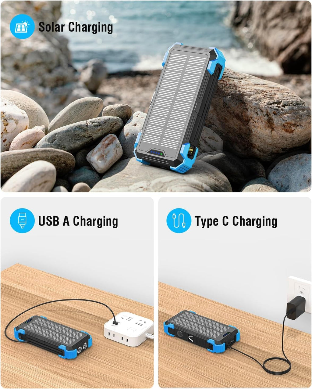 Solar Charger Power Bank, 42800mAh Wireless Portable Charger with USB-C in/Output, QC3.0 Fast Charging 15W 4 Ports Outdoor Battery Pack Built-in Dual Led Flashlights for iPhone Samsung etc