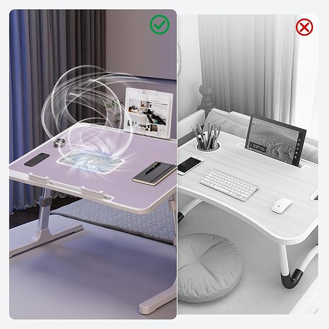 Laptop Lap Desk Include Cooling Fan,Adjustable Lap Desk with Light Fan,Folding Laptop Desk for Bed with USB,Bed Desk with Storage Drawer 60x40cm,Purple