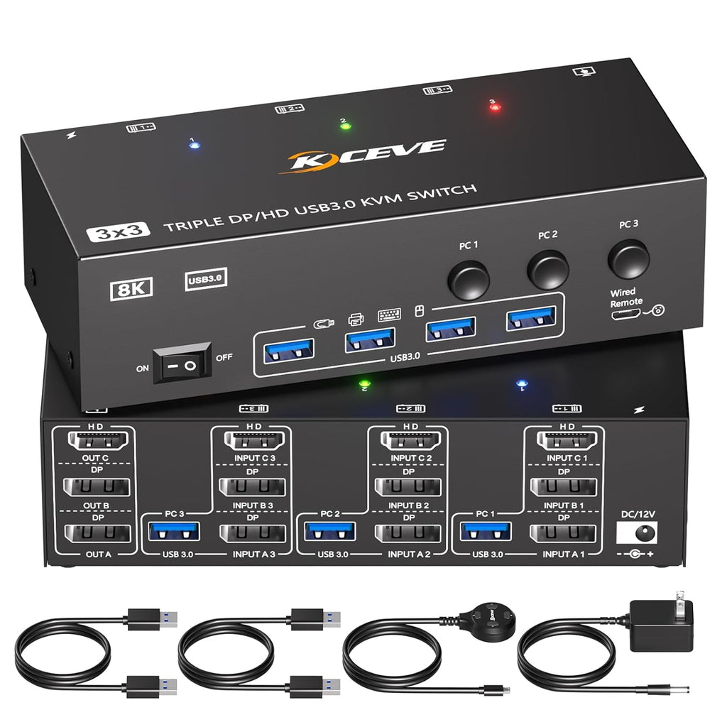 HDMI+2Displayport KVM Switch 3 Monitors 3 Computers 8K@60Hz 4K@144Hz,Triple Monitor KVM Switches with 4 USB3.0 Port for USB Devices,Wired Remote,Power Adapter and USB Cables Included.