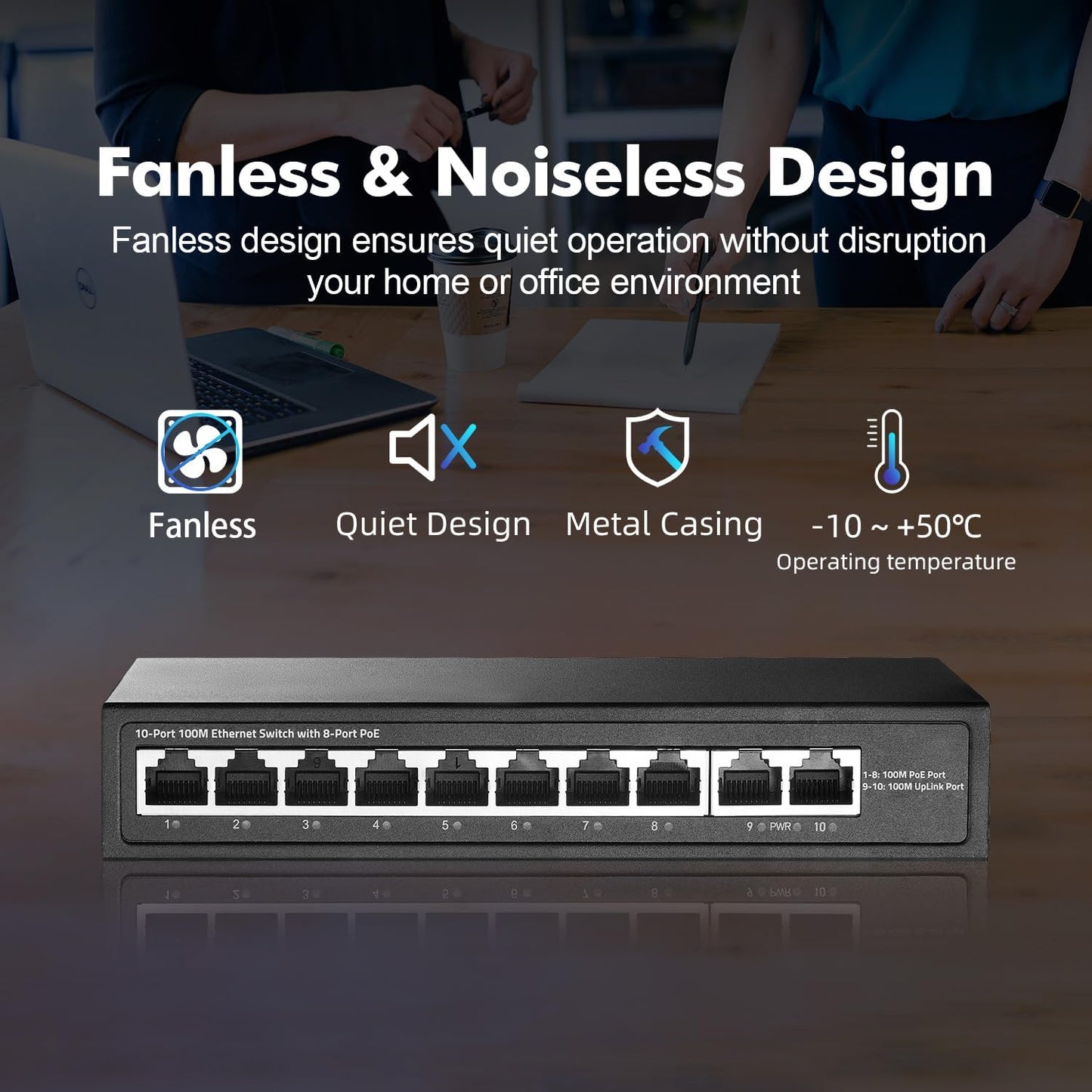 10 Port Mini PoE Switch with 8 PoE+, 2 Uplink, 10/100Mbps Ethernet, 120W 802.3af/at PoE, Fanless Metal Plug & Play PoE+ YuLinca Network Switch