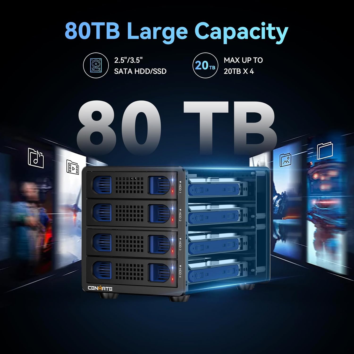 4 Bay Hard Drive Enclosure with Cooling Fan for 2.5/3.5" SATA HDD/SSD with USB A/C 3.0 Cable, Tool-Free HDD Enclosure, 3.5 Hard Drive Enclosure Support 80TB, Hot Swappable(NO RAID/NAS)