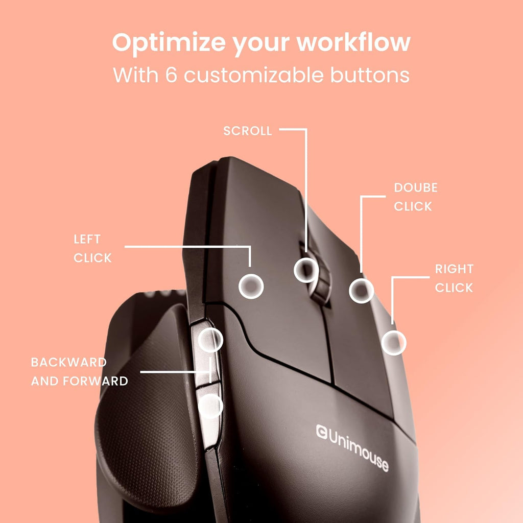 Contour Unimouse Ergonomic Vertical Mouse – Adjustable 35°-70° Angle, Customizable Thumb Rest, Rechargeable Battery with Long Life, 6 Programmable Buttons, Ideal for All Day Comfort and Pain Relief 