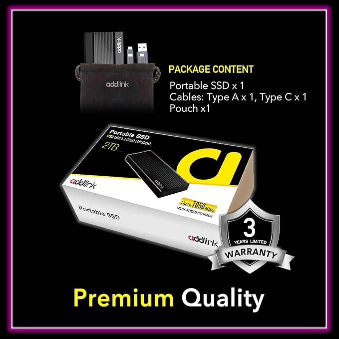 Addlink External Portable SSD 2TB P20 USB 3.2 Gen2 up to 1050MB/s, 3D TLC USB C Solid State Drive, for PC Laptop Mac Windows Linux Android PS4 PS5 Xbox One Smart TV (ad2TBP20B32) Made in Taiwan