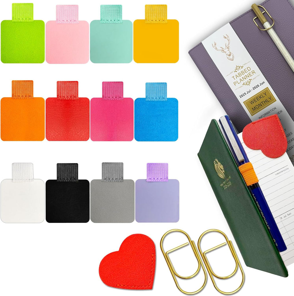 Pen Loop Holder for Notebook 12 Colors Self-Adhesive Stick On Pen Holder with Extra 2 Pens Clips 1 Leather Bookmarks As COMBO for Planner Journal Tablet Clipboards Calendars Bible Campus School Office
