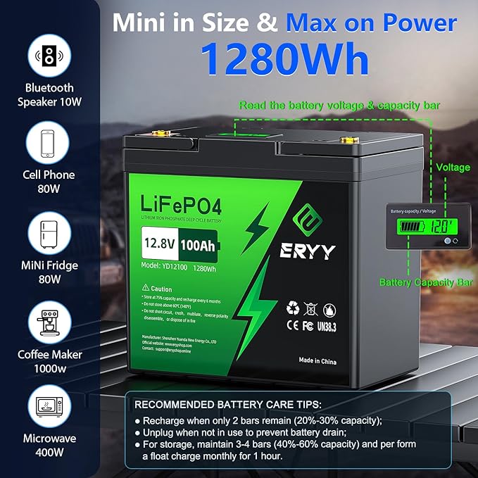 12V 100Ah LiFePO4 Battery, High Density 100Ah Lithium Battery 12v with 100A BMS, VoltMeter, 5000+ Rechargeable Deep Cycle Marine Battery for RV, Boat, Kayak, Trolling Motor, Golf Cart (Mini Size)