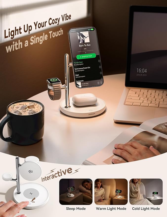 15W MagSafe for JOYROOM, Fast Qi2 Certified 4-in-1 MagSafe Charging Station for Apple, Wireless Charger for iPhone 16/15/14/13/12 Pro Max Series, iWatch, AirPods 4/3/2/Pro(Cable& 30W Adapter Included)