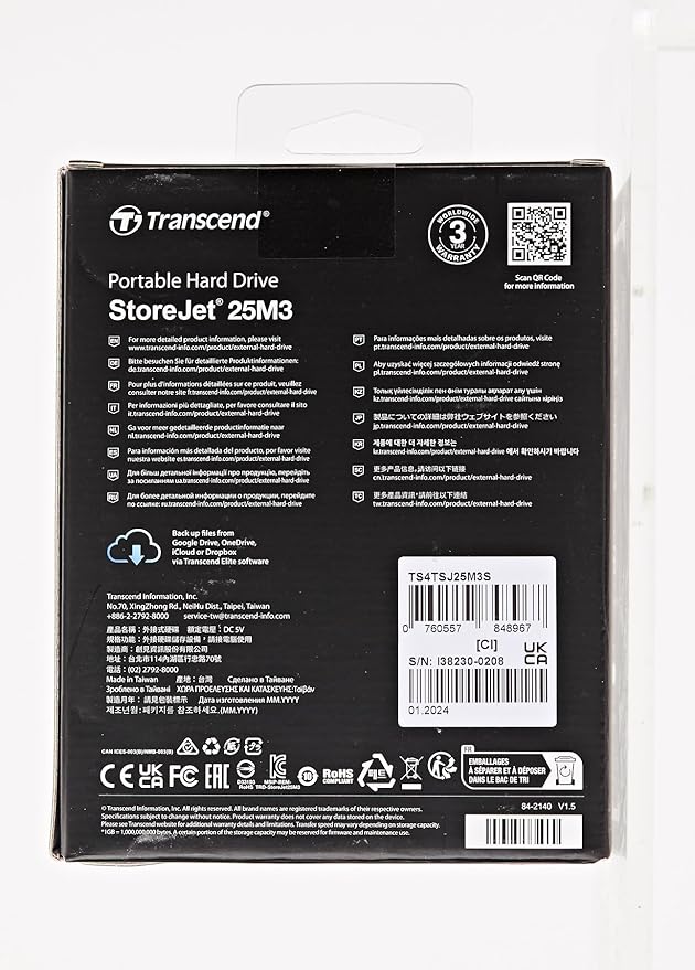 Transcend 4TB SJ25M3, USB 3.1 Portable Hard Drive Rugged, Anti-Shock Resistant, Compact and Lightweight with Lightning-Fast Speeds, One Touch Backup Button, Iron Grey - TS4TSJ25M3S