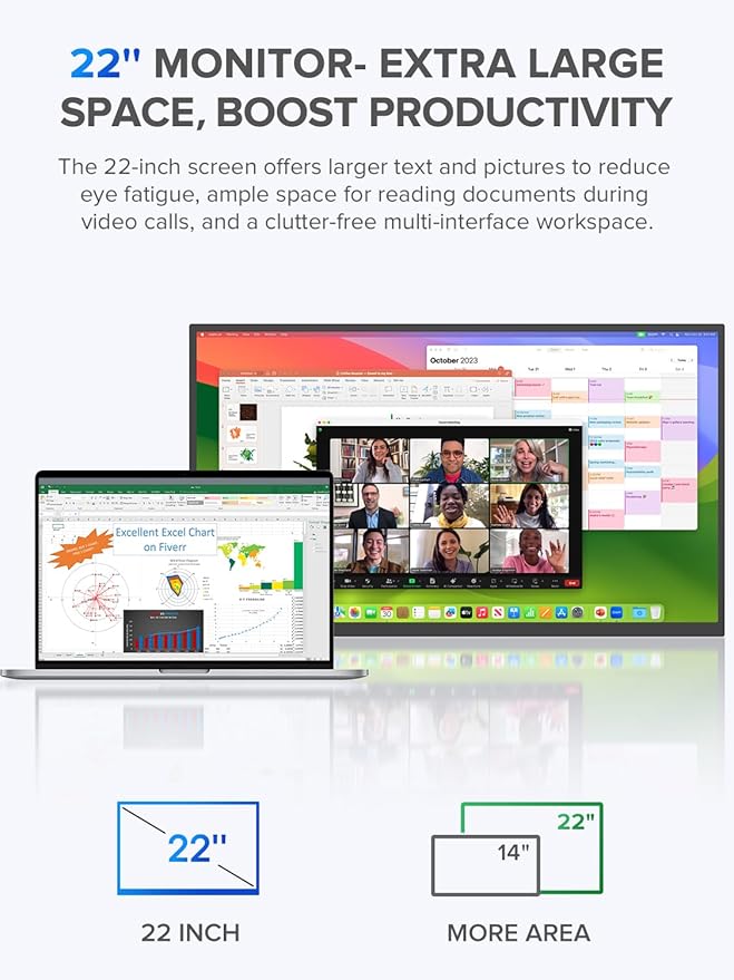 UPERFECT 22" QLED 2K Portable Monitor w/VESA & 180° Adjustable Stand, 2560×1440 QHD FreeSync IPS HDR Gaming Display, USB-C HDMI Travel Second Monitor for Laptop, Switch, Phone