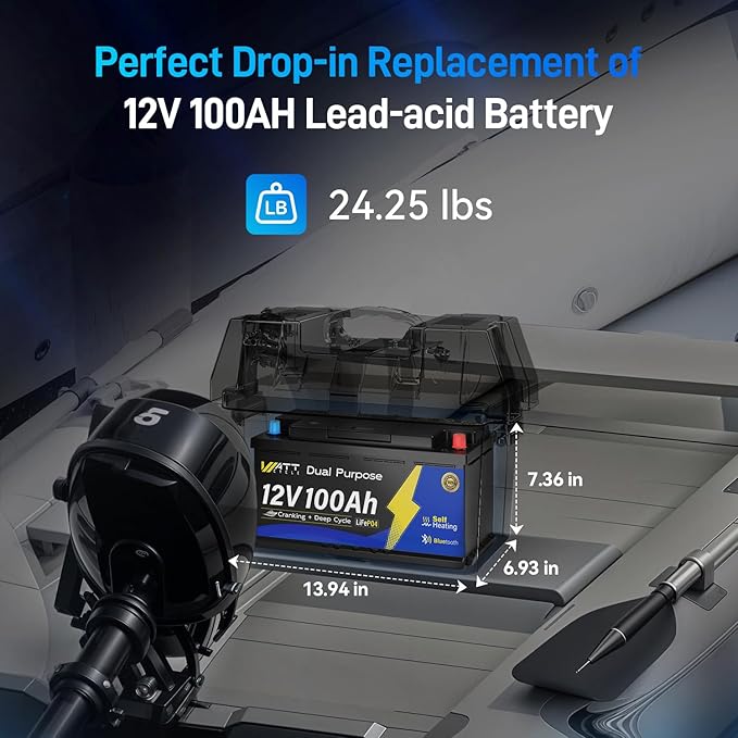 12V 100Ah Bluetooth LiFePO4 Battery, [Cranking &Deep Cycle] Lithium Battery with Self-Heating, Built-in 200A BMS, Perfect for Trolling Motor, RV, Marine, Boat(4 Pack)