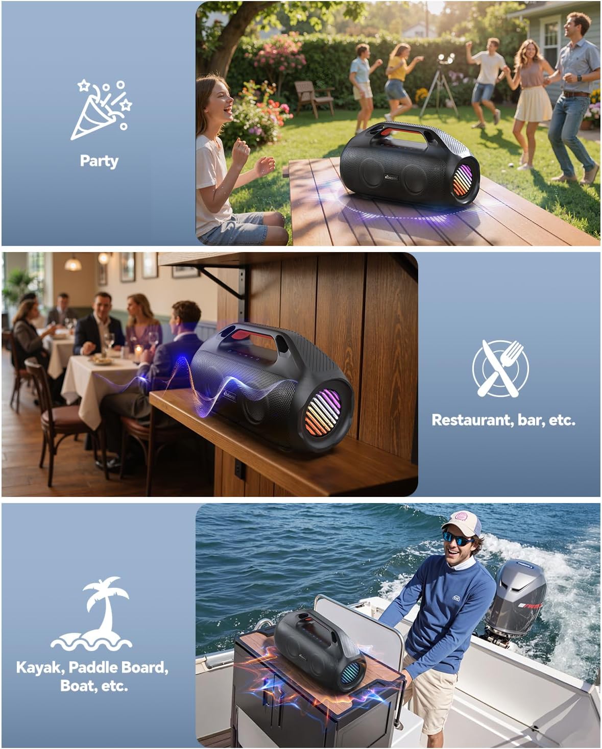 100W Bluetooth Speaker, Outdoor Wireless Boombox with Powerful Bass, RGB Lights, IPX7 Waterproof|30H Playtime|USB-C|TWS|AUX, Portable for Party, Camping, Pool, Beach, Backyard-Black