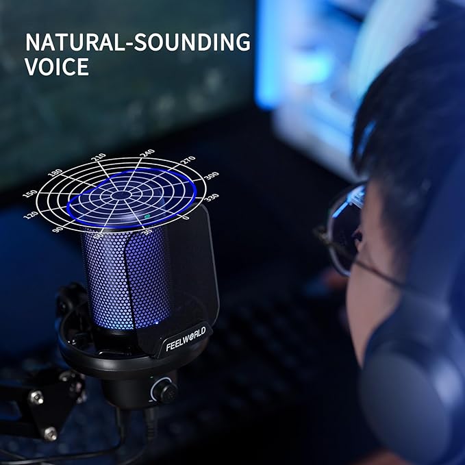 FEELWORLD VM1 Gaming PC USB Microphone Condenser Mic with Noise Cancellation Mute RGB Light, Computer Accessories Gifts for Gamer YouTube Twitch Podcast Streaming Recording Online Chat PS4 PS5