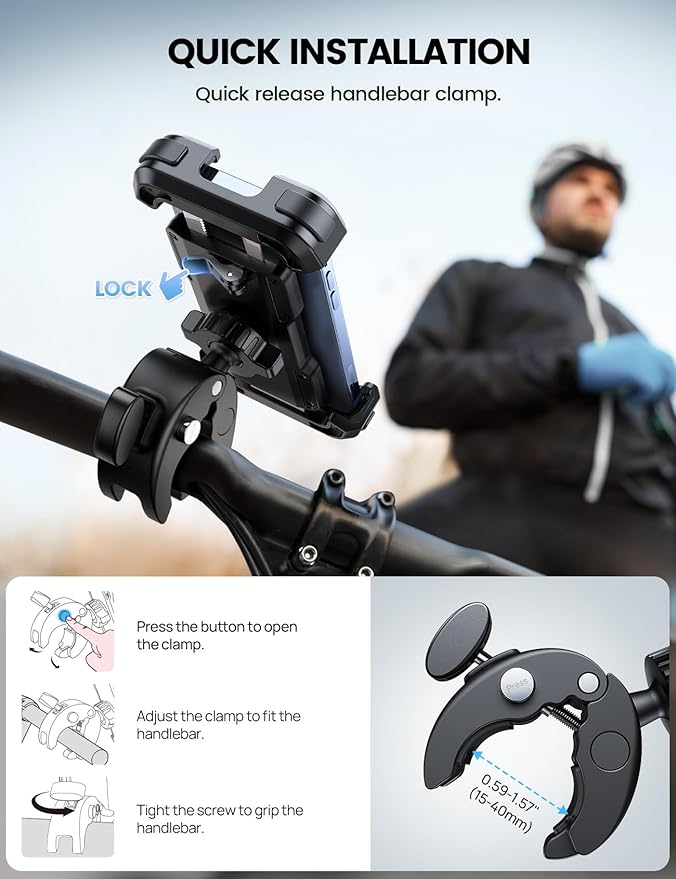 Lamicall Motorcycle Phone Mount, Bike Phone Holder - [Metal Lock] Upgrade Quick Install Handlebar Clip for Bicycle Scooter, Cell Phone Clamp for iPhone 16 15 14 Pro Max, Galaxy, 4.7-6.8" Phones