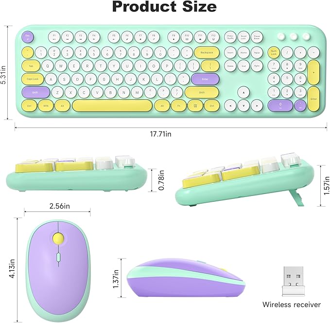KNOWSQT Wireless Keyboard and Mouse Combo - Lovely Tiffany Blue Rainbow Full-Sized Typewriter Colorful Keyboards, Round Keycap Plug Play Retro Cute Keyboards for Windows, Laptop, PC, Desktop, Computer