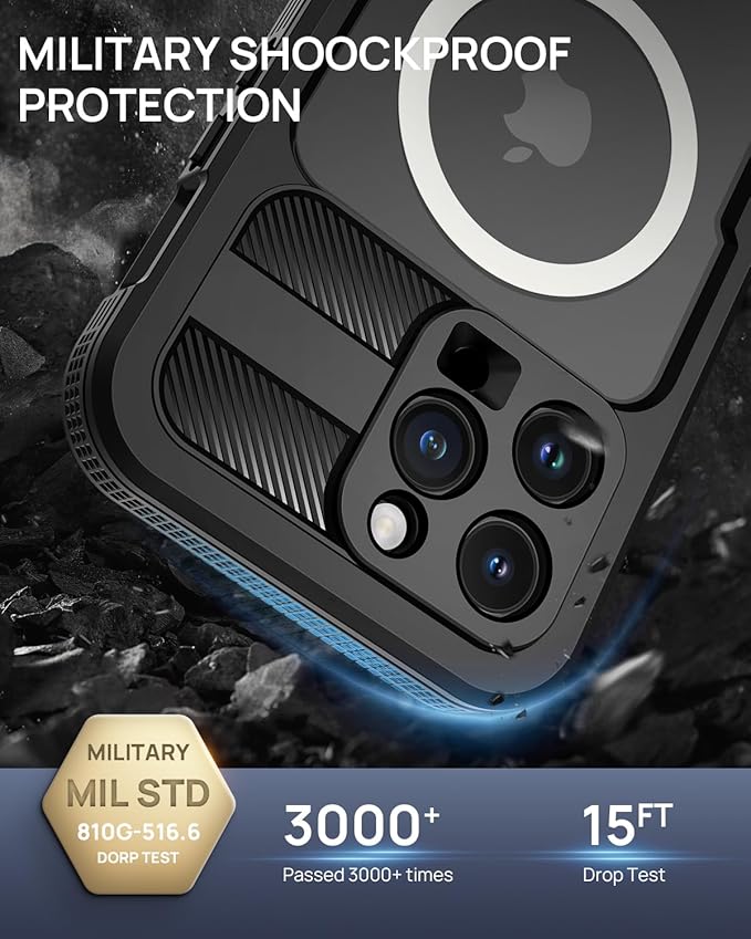 Lanhiem Magnetic for iPhone 15 Pro Case, IP68 Waterproof Dustproof Case, [Compatible with Magsafe] [Built-in Screen Protector] Full Body Heavy Duty Rugged Phone Cover 6.1 inch, Black