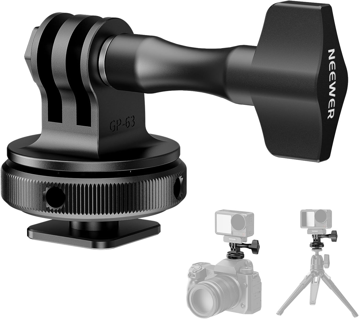 NEEWER Action Camera Cold Shoe Mount Adapter Compatible with GoPro Accessories Go Pro DJI Insta360 AKASO, Metal 1/4" Thread Hot Shoe Mount for Mini Tripod Selfie Stick, 180° Tilt, GP-63