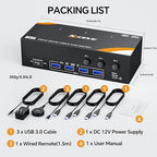 USB 3.0 KVM Switch 3 Monitors 3 Computers Displayport HDMI, Triple Monitor KVM Switch 8K@60Hz 4K@144Hz for 3 Computers Share Mouse Keyboard, Wired Remote and Power Adapter