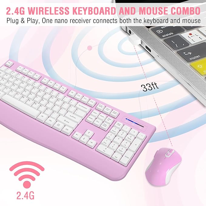Wireless Keyboard and Mouse Combo, EDJO 2.4G Full-Sized Ergonomic Computer Keyboard with Wrist Rest and 3 Level DPI Adjustable Wireless Mouse for Windows, Mac OS Desktop/Laptop/PC(White Pink)