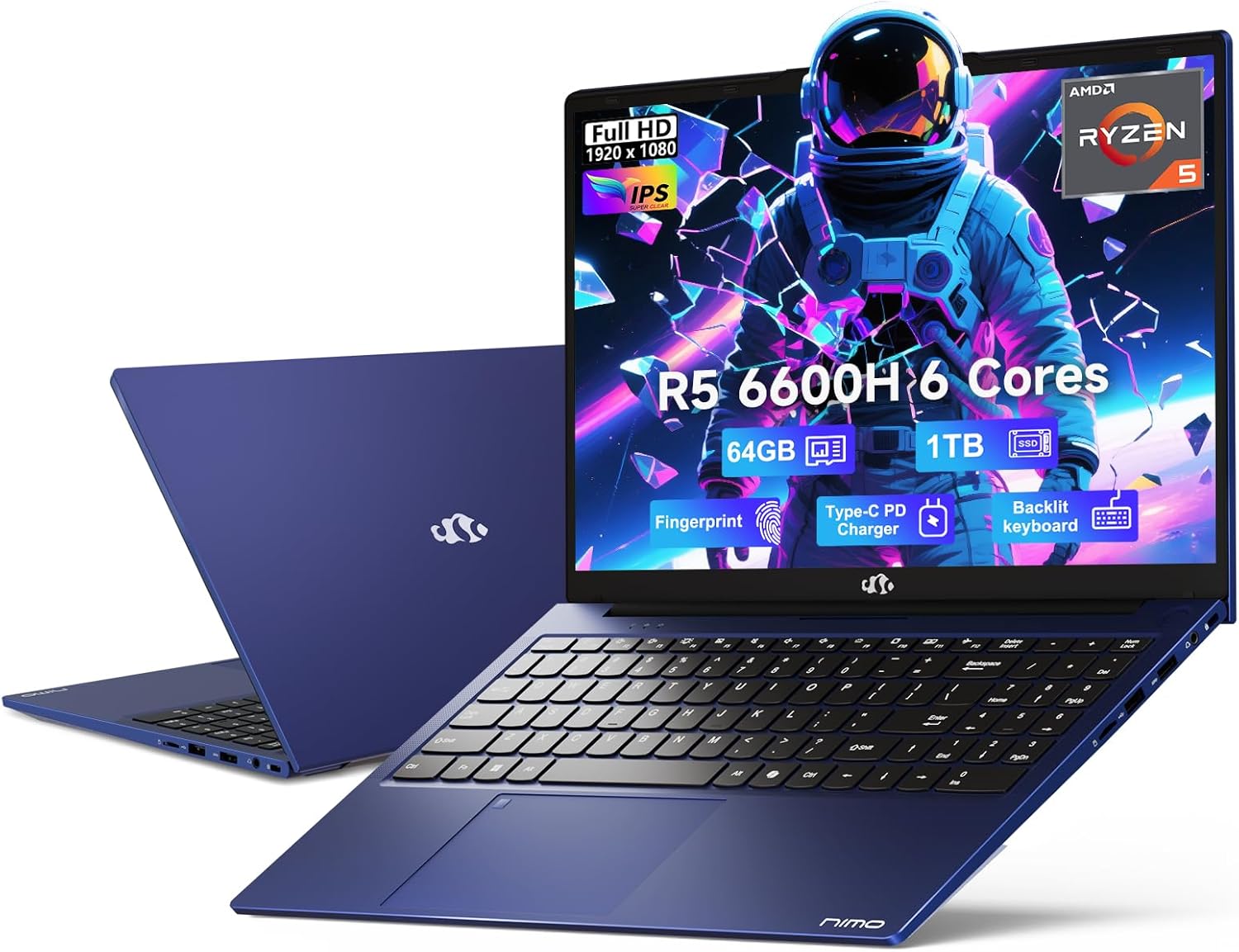 NIMO 15.6" IPS FHD-Gaming-Laptop, AMD Ryzen 5 6600H 6-Cores 660M GPU 64GB DDR5 RAM 1TB SSD(Beat i7-1165G7, Up to 4.5GHz) Computer with 100W GaN Type C Fingerprint Backlit Keyboard Win 11