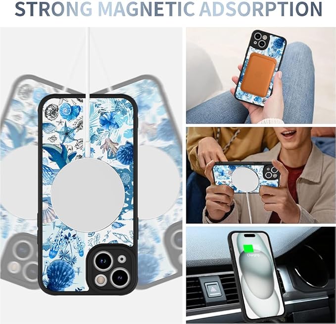 AIGOMARA Case for iPhone 15 Plus [Compatible with MagSafe] Blue Turtle Shell Ocean Collage Pattern Design for Women Girls Men Soft TPU Bumper Hack PC Back Shockproof Protective Slim Magnetic Cover