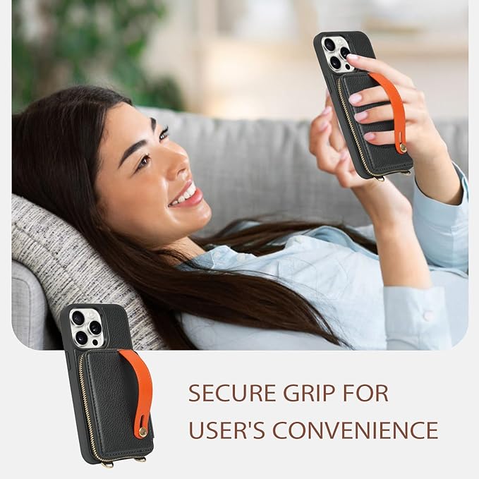 LAMEEKU for iPhone 15 Pro Max Wallet Case with Card Holder, Zipper Leather Crossbody Case with Kickstand Wrist Strap Lanyard for Women, Cover Phone Grip Holder Stand 6.7" -Black