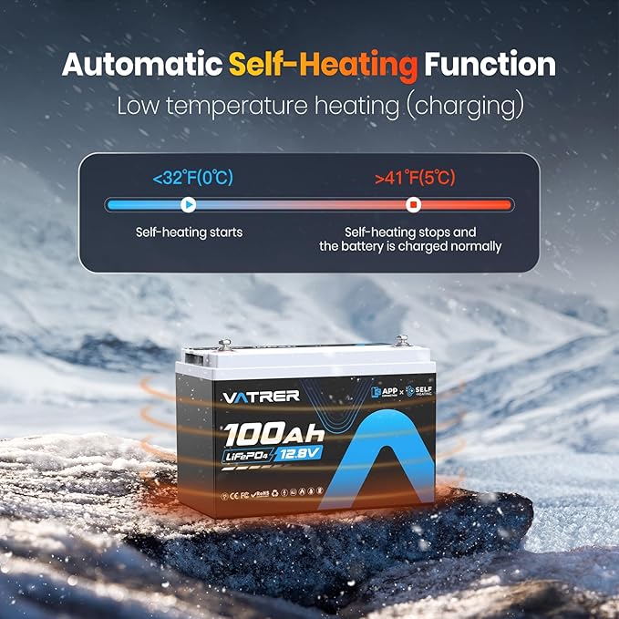 12.8V 100AH Group 31 Bluetooth LiFePO4 Lithium Battery with Self-Heating, Built-in 100A BMS, High/Low Temp Cutoff, Supports Low Temp Charging(-4°F), 5000+ Cycles, Perfect for RV/Camping,Off-Grid,Solar