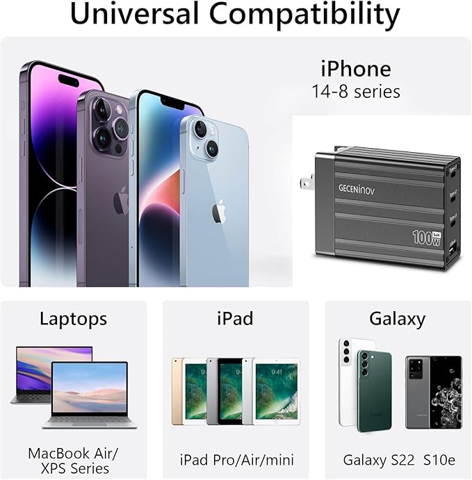 100W USB C Charger Block,4 Ports,Type C GaN Fast Block,Foldable Travel Plug Power Adapter for iPhone iPad Samsung Laptop,Tablets MacBook Pro Charger Replace for 65W 45W